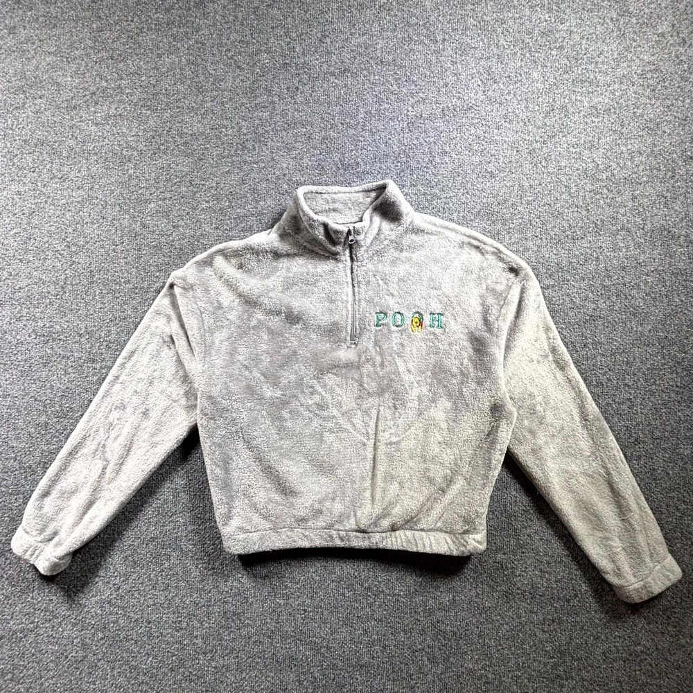 Disney Sweatshirt Women M Gray Plush Winnie The Pooh Embroidered 1/4 Zip Cropped